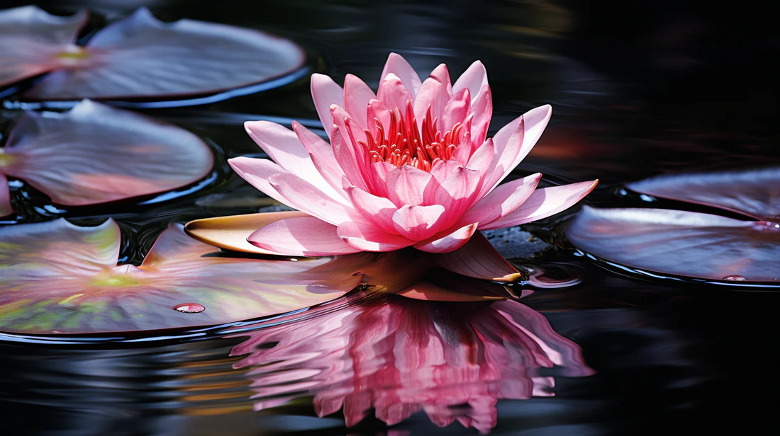 Pink water lily blooming in a backyard garden pond