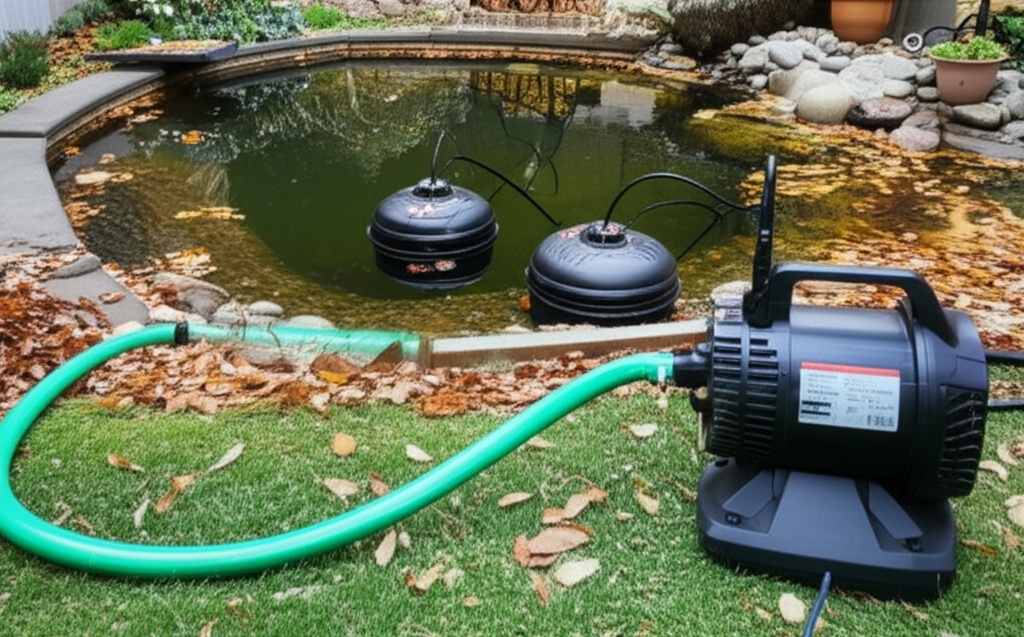 Pond winterization equipment including de-icer and aerator